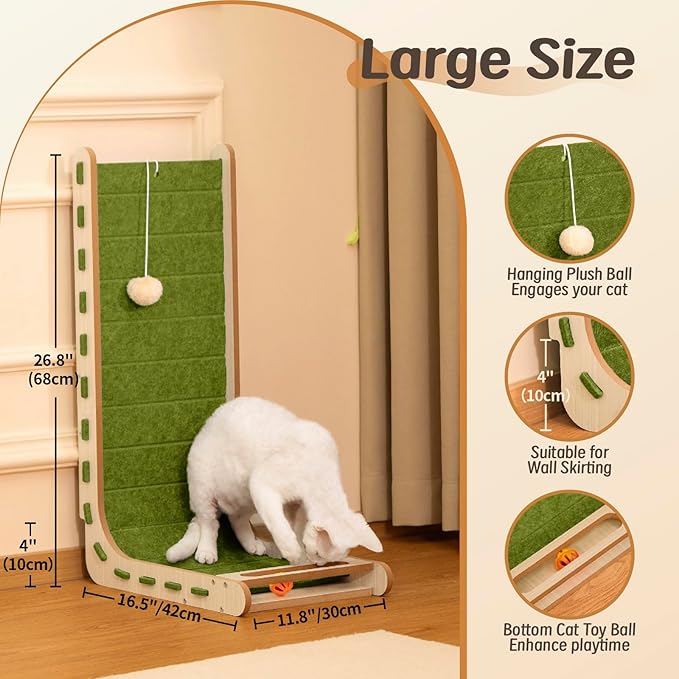 L Shaped Cat Scratcher with Ball Toy Felt Standing Cat Scratching Board for Indoor Cats Adults Vertical Scratch Pad Furniture Protector Kitten Toys 26.8 Inch-Green