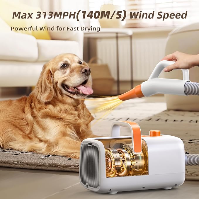 Dog Blow Dryer for Pet Grooming - Maximum 495ft/s High Velocity Pet Blow Dryer with Cool-Warm-Hot Cycle Mode, Adjustable Temp & Speed, Dog Dryer with 4 Nozzles and Up to 6.56ft Flexible Hose