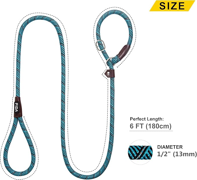 Fida Durable Slip Lead Dog Leash, 6 FT x 1/2" Heavy Duty Loop Comfortable Strong Rope Leash for Large, Medium Dogs, No Pull Pet Training with Highly Reflective, Blue