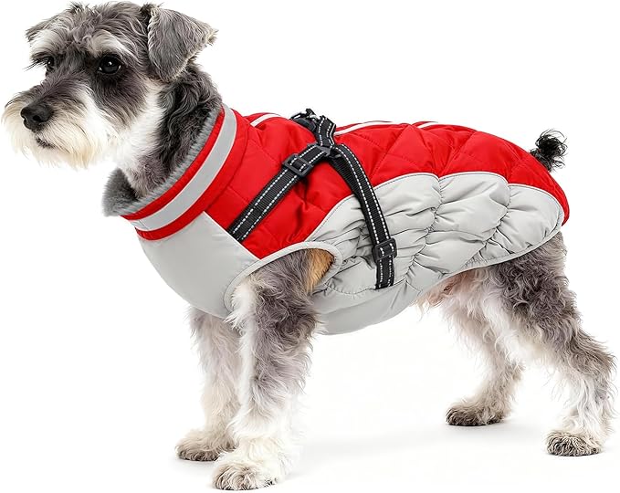 Dog Winter Coat with Harness, Dog Jacket, Pet Clothes with Zipper on Back, Waterproof Windproof Warm Vest, Reflective Cold Weather Coats, for Small Medium Large Dogs, Thick, Red,XS