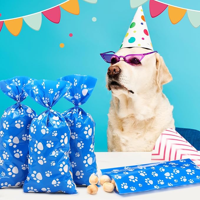 Blulu 100 Pieces Dog Treat Bags Puppy Party Favor Pet Paw Cone Cellophane Bags Candy Heat SealableDog Paw Gift with 100 Pieces Silver Twist Ties for Pet Cat Treat Party Favor(Blue and White)