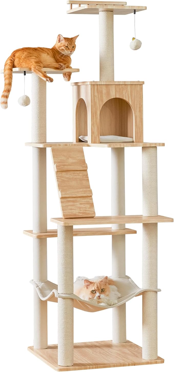 Large Modern Cat Tree - 70 inch Tall Cat Tower for Indoor Cats, Multi-Level Cat Condo with 7 Fully Wrapped Scratching Posts,2 Spacious Perches, Hammock, Cozy Pad & Dangling Balls-Light Brown
