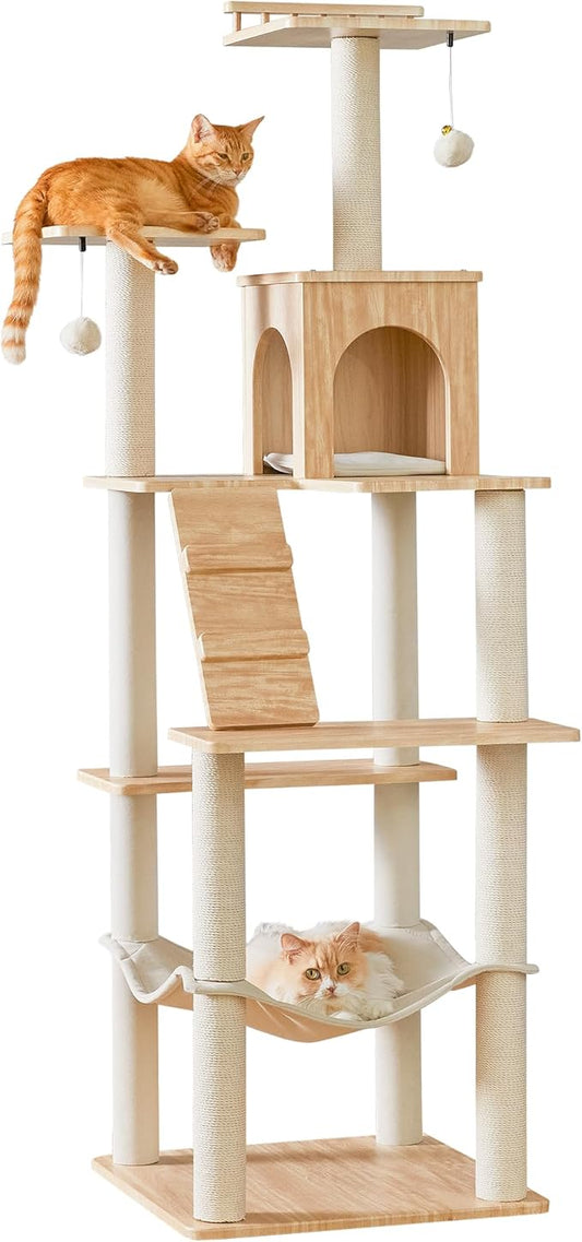 Large Modern Cat Tree - 70 inch Tall Cat Tower for Indoor Cats, Multi-Level Cat Condo with 7 Fully Wrapped Scratching Posts,2 Spacious Perches, Hammock, Cozy Pad & Dangling Balls-Light Brown