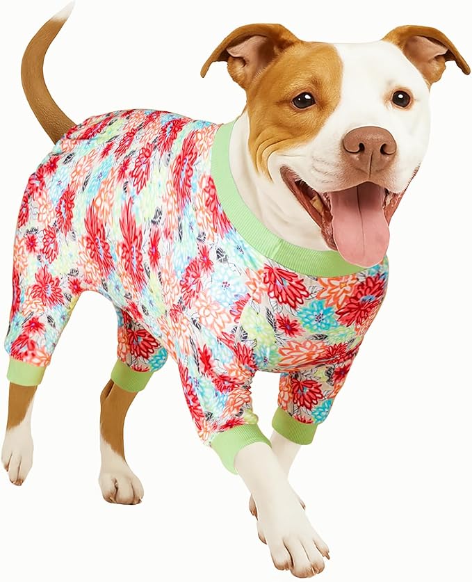 LovinPet Dog PJS Bodysuit for Large Dogs, Pet Pajamas for Dogs, Anti Licking & Anxiety Calming Dog Shirt, Lightweight Stretchy Fabric, Watermelon & Flowers Print, Pitbull Clothes, 3XL