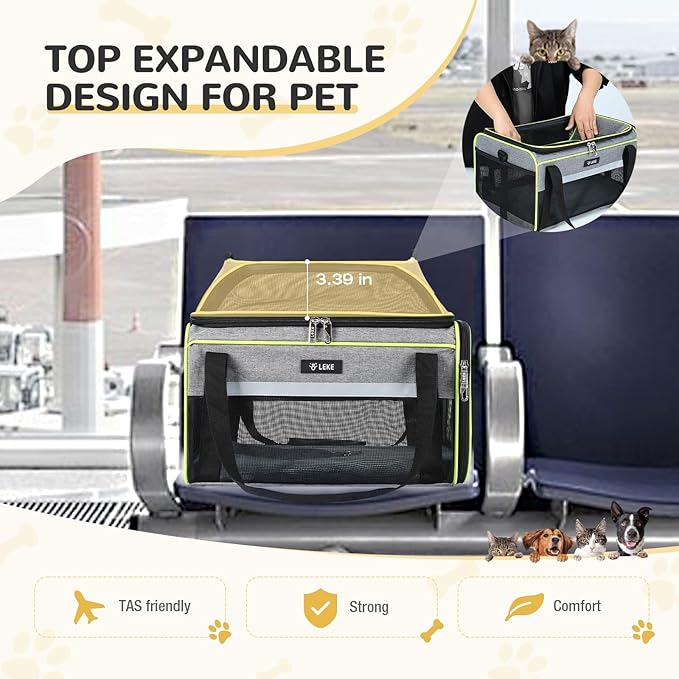 Lekereise Top-Expandable Pet Carrier - TSA Airline Approved Soft Sided Underseat Up to 12lbs Travel Carriers for Small Cats and Dogs with Locking Safety Zippers Anti-Scratch Mesh Gray