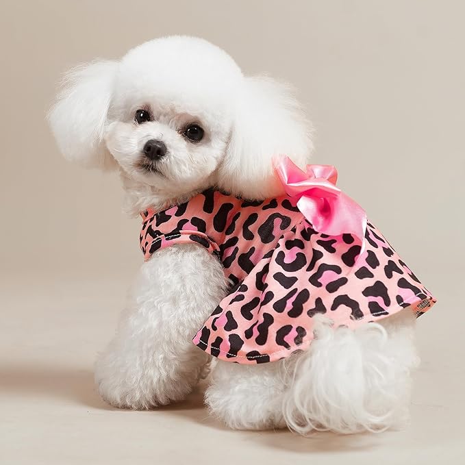 PUPTECK Print Dog Dress Pet Apparel with Cute Bowtie Puppy Clothes Outfit, Leopard Print, S