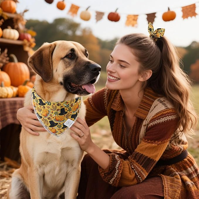 E-Clover Thanksgiving Dog Bandanas & Matching Scrunchie Set Girl Fall Turkey Dog Scarf Bibs Pet Bandana with Bow Tie for Small Dogs Puppy Owner Mom Brown