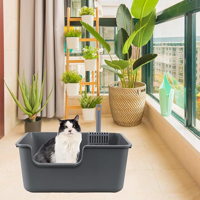 4-Pack Plastic High Wall Cat Litter Box with Scoop, Open Air Kitty Litter Pan, Gray