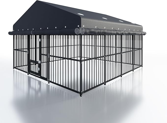 10x10x6 FT Outdoor Dog Kennel, Dog Enclosures Fence with UV-Resistant Waterproof Roof Cover and Triple Locks, Heavy Duty Metal Dog Houses for Large Dogs Outside (118" W x 119" D x 78" H)