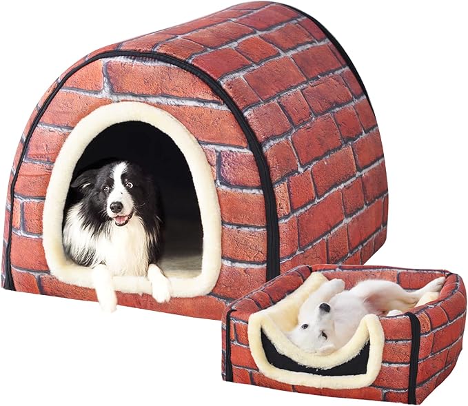 Dog Bed,2 Ways to Use,Indoor Pet House with Fluffy Mat,Removable and Washable Cover,Splash-Proof House and Non-Slip Bottom,for Extra Large Dogs(3XL Brick)