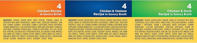 Nature’s Recipe Grain Free Chicken Recipe, Chicken & Venison Recipe and Chicken & Duck Recipe in Savory Broth Variety Pack Wet Dog Food, 12-2.75 oz. Cups, 2 Count