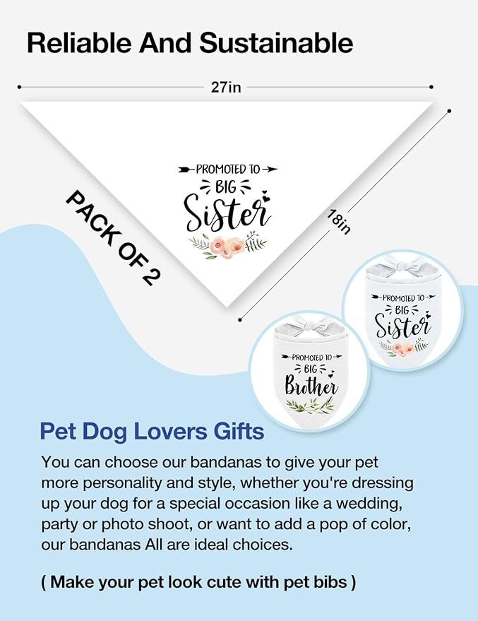 Promoted to Big Brother and Sister Dog Bandana, White Big Sister Bandana for Dog, Big Brother Scarf Gender Revealing Baby Announcement Dog Bandana Dog Lovers Gifts Pack of 2
