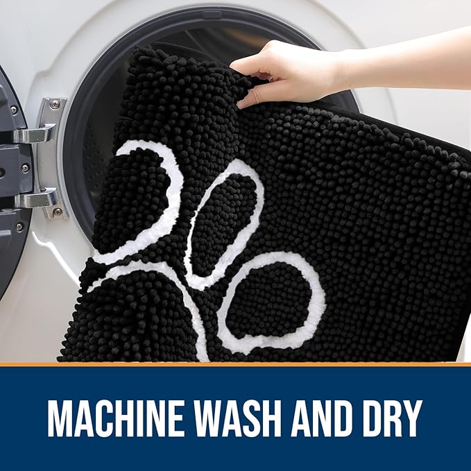 OLANLY Dog Door Mat for Muddy Paws 47x32, Paw Print Design, Absorbs Moisture and Dirt, Absorbent Non-Slip Washable Doormat, Quick Dry Chenille Mud Mat for Dogs, Entry Indoor Entryway Carpet, Black