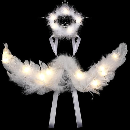 Pet Cat Angel Costume Dog Christmas Dog Costumes Light up Angel Wings for Cats and Headbands Sets with LED Lights White Pet Cat Clothes for Halloween Special Events Party Supplies
