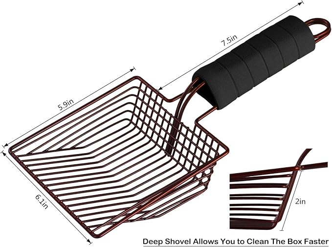 Cat Litter Scoop, Steel Metal Scooper with Deep Shovel and Long Foam Handle for Kitty Litter Box, Soft Pet Sifter, Comfy Poop Sifting, Pooper Lifter, Durable and Heavy Duty, Bronze Finish