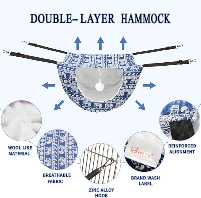 JSPYFITS Cat Cage Hammock with Ball,Double Layer Hanging Adjustable Soft Pet Bed Suit for Kitten Ferret Puppy Rabbit or Small Pet, 2 Level Indoor Bed for All Season(Blue Elephant)