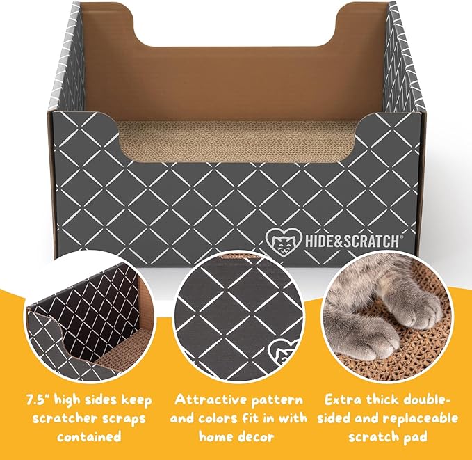 HIDE & SCRATCH Cardboard Cat Scratcher; Cat Scratcher Box and Bed with Refillable Double-Sided Cardboard Scratch Pad for Indoor Cats