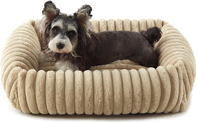 Dog Beds for Small Dogs, Washable Orthopedic Dog Bed with Removable Cover, Rectangle Soft Calming Sleeping Puppy Bed Durable Pet Cuddler with Anti-Slip Bottom, 20"x19"x6" Beige