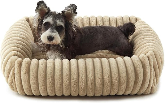 Dog Beds for Small Dogs, Washable Orthopedic Dog Bed with Removable Cover, Rectangle Soft Calming Sleeping Puppy Bed Durable Pet Cuddler with Anti-Slip Bottom, 20"x19"x6" Beige