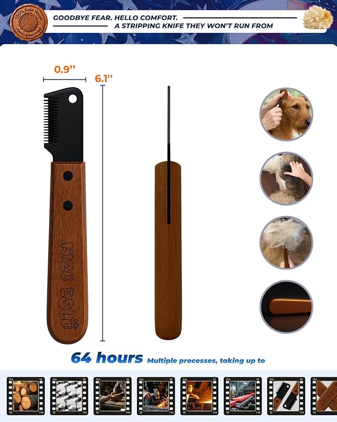 Stripping Knife for Dogs – Gentle Hand Stripping & Carding Knife for Terriers & Double-Coated Breeds, Solid Sapele Hardwood & Black Oxide Stainless Steel,Easy to Clean,Dog Grooming Tool(Right-Handed)