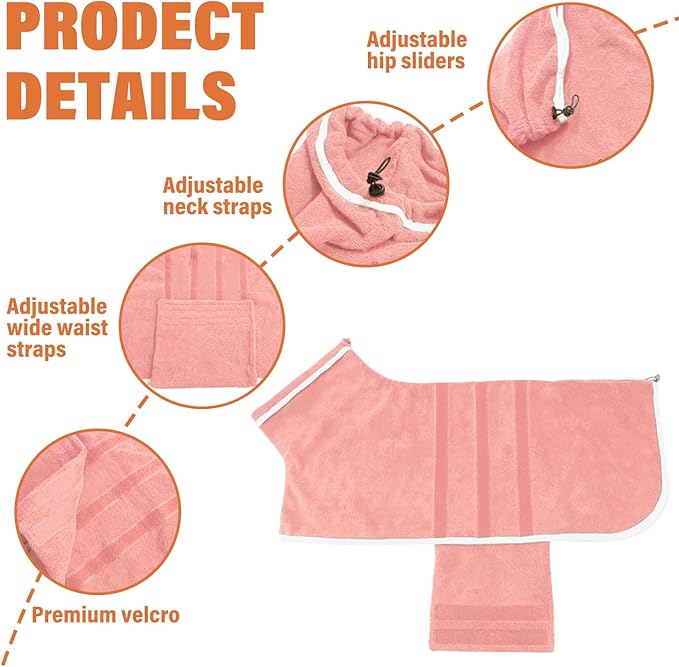 Dog Robe - Fast Drying Towel - Microfiber Super Absorbent Pet Bathrobe, Adjustable Collar & Belly Strap (Pink, XXX-Large)