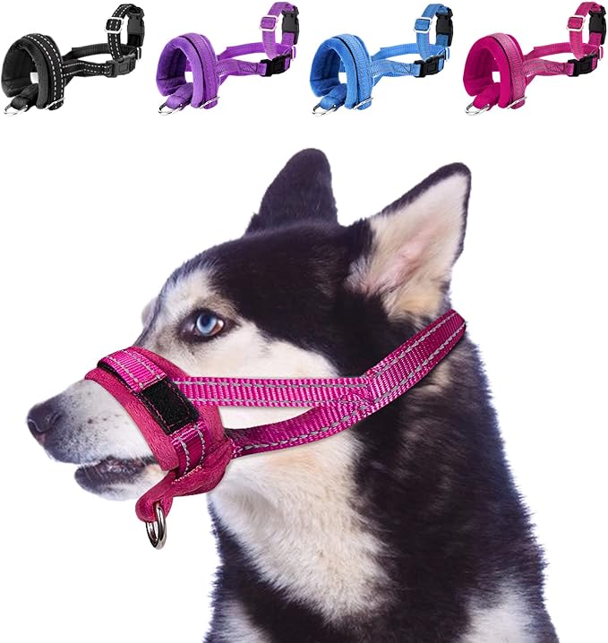 SlowTon Soft Dog Muzzle, Adjustable Padded Nylon Muzzle for Large Medium Dogs Anti Chewing Barking Biting, Allow Dog Pant & Drink (Fuchsia, L)