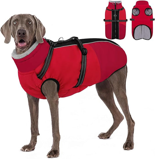 AOFITEE Dog Coats for Large Dogs, Waterproof Dog Winter Jacket with Harness Built in, Warm Large Dogs Coat with Fleece Lined, Zip Up Pets Jackets for Golden Retriever, Weimaraner, Red 2XL