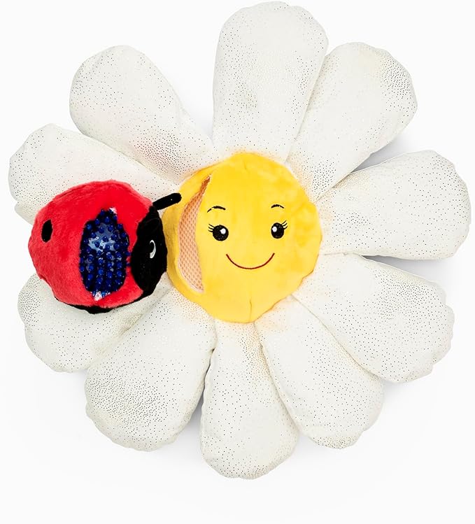 Flourish Pets 3 in 1 Multi-Layer Chew Toy for Active Dogs | Non-Toxic BPA Free Double Stitched Soft Fabric Exterior Dog Toys | Long-Lasting Dog Plush Toys - Large White Daisy 17"