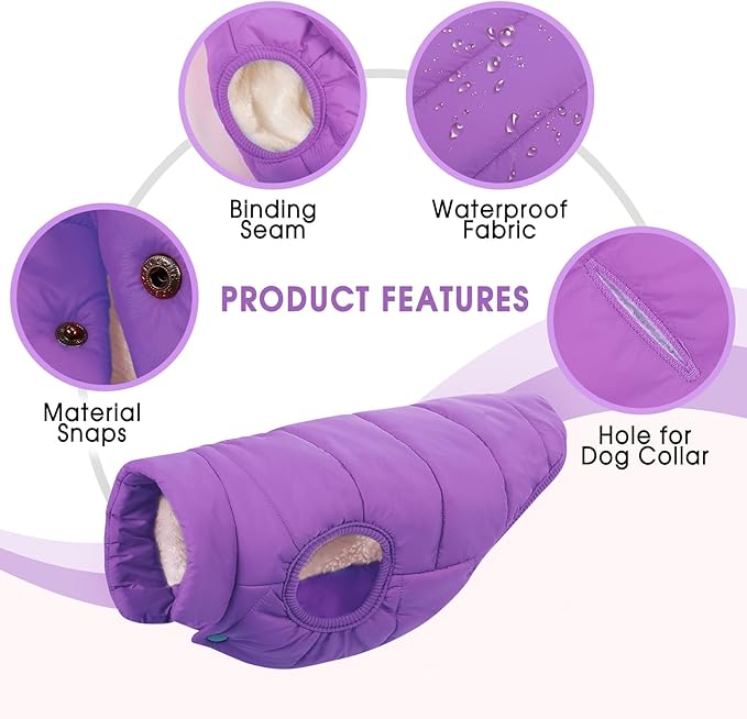 ASENKU Dog Winter Coat - Waterproof Windproof Dog Jacket, Warm Snowproof Doggie Puffer Vest for Cold Weather, Lightweight Snow Coats for Small Medium Large Dogs (Purple, L)