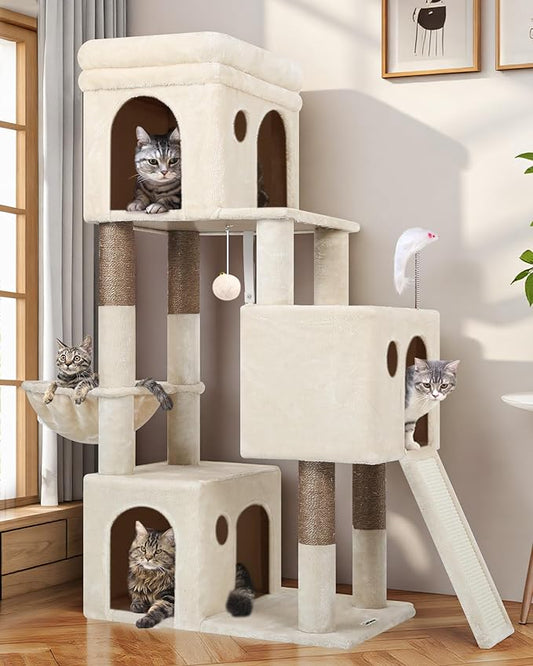 Globlazer Cat Tower for Multiple Indoor Cats, 52 inch Heavy Duty Cat Tree with 3 Condos, Plush Cat Condo with Scratching Posts and Pad for Adult Cats Kitten, Padded Top Perch, Basket Bed, F52B, Beige