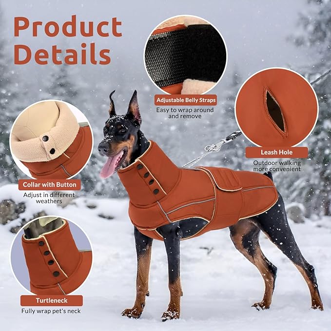 ASENKU Dog Coat & Winter Jacket, Warm Dog Coat for Large Dogs with Reflective, Turtleneck with Button, Waterproof Cold Weather Coats (Red Brown, 4XL)