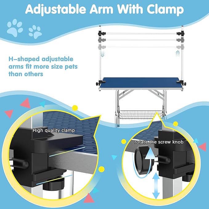 46''Large Dog Grooming Table, Adjustable Cat Drying Desktop with Arms, Nooses, Mesh Tray, Foldable Pet Station at Home, Maximum Capacity Up to 330Lb, 46inch, Blue