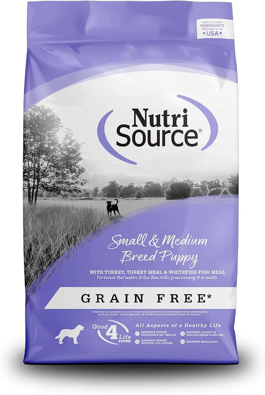 NutriSource Grain Free Dry Puppy Food for Small and Medium Breeds, Turkey, Whitefish and Menhaden Fish Meal, 12LB