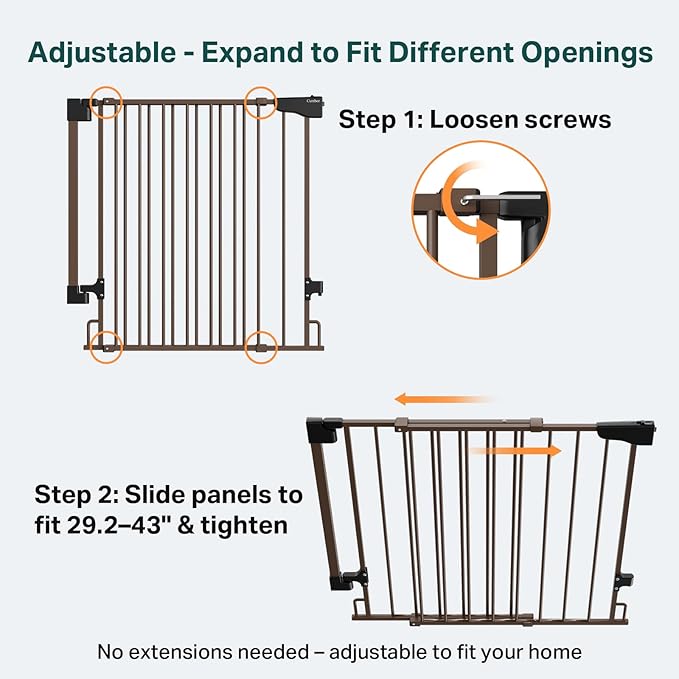 Cumbor 29.2–43" Baby Gate for Stairs, Wall-Mounted (Drill Required), Expandable No Bottom Bar Dog Gate, Auto Close Extra Wide Walk Thru, Pet & Toddler Proof Gate, Top & Bottom of Stairways (Brown)