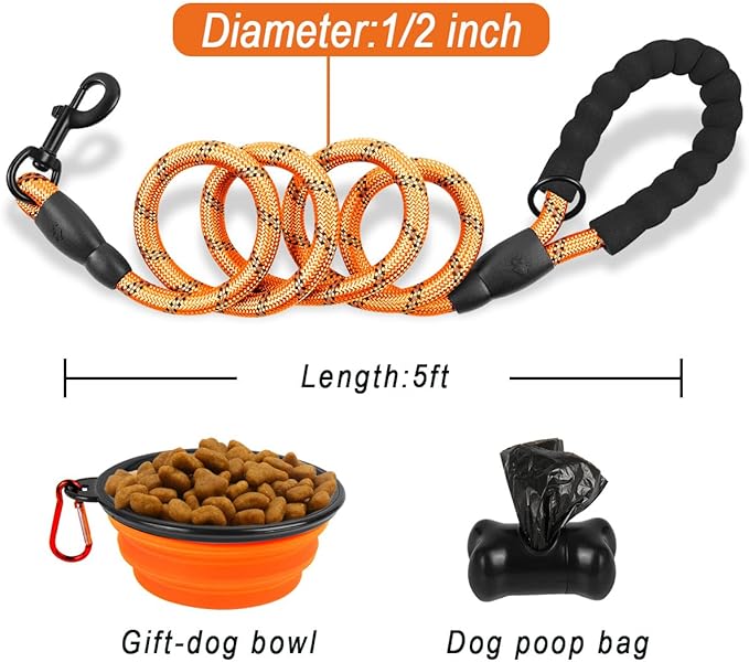 BARKBAY Dog Leashes for Large Dogs Heavy Duty Dog Leash 4/5/6 FT with Comfortable Padded Handle and Highly Reflective Threads for Medium Large Dogs Walking Training Running (5FT-1/2'',Orange)