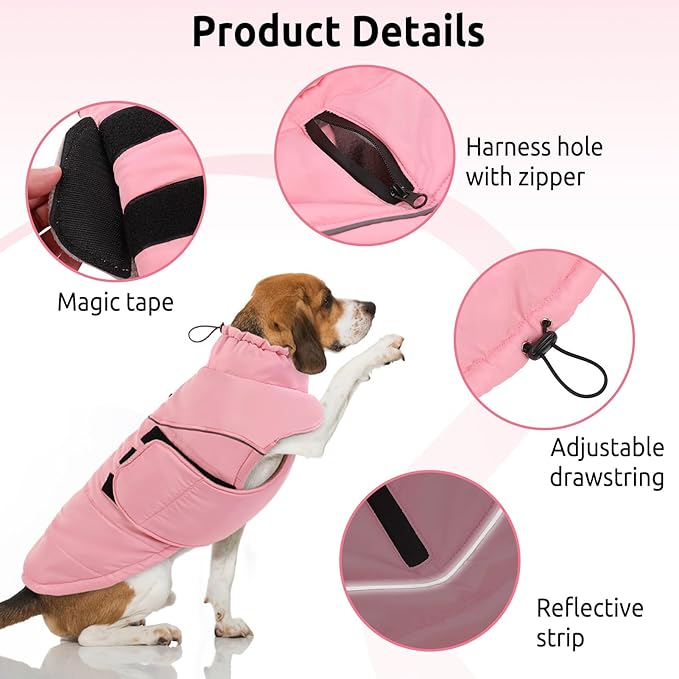 Peferhouse Dog Warm Winter Coats for Large Dogs, Dog Cold Weather Coat Dog Windproof Reflective Jacket with Harness Hole Thick Dog Vest Jacket Pink L
