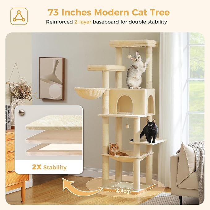 PAWZ Road Large Cat Tree, 73 Inches Tall Cat Tower with 1 Large Padded Perch,2 Spacious Hammocks,8 Long Scratching Posts, XL Plush Cat Condo for Indoor Adult Cats,Beige