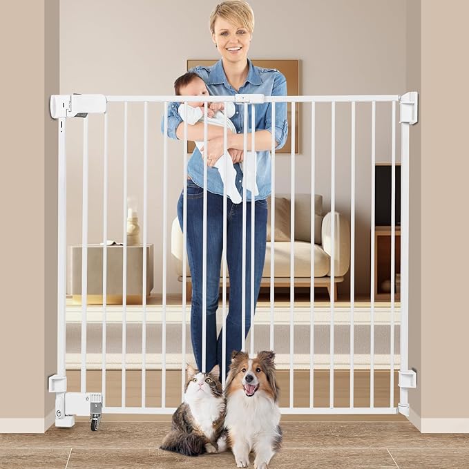 No Bottom Bar Baby Gate, 51.18 inch Tall Cat Pet Gate for Doorway, Adjustable 27.5in- 43 in Dog Gate with Large Walk Thru Door (White, 51.18inch)