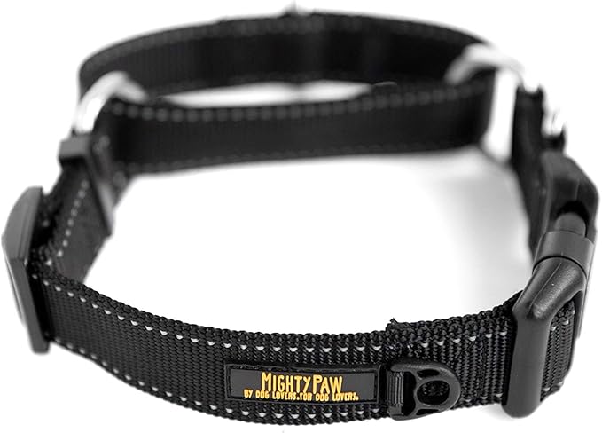 Mighty Paw Martingale Nylon Training Collar - Martingale Collar Dog - Limited Slip Design for Controlled Training - Reflective Stitching for Safety - Black Collars - Medium Size