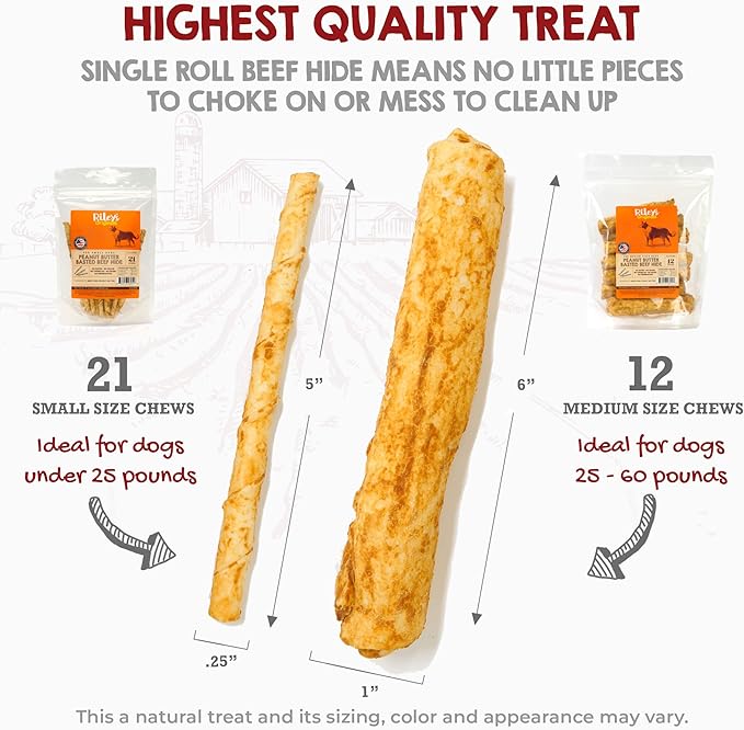 Riley's Peanut Butter Beef Hide Dog Treats, USA Sourced & Made Rawhide Chew Sticks, Raw Hides for Medium Dogs, 12 ct