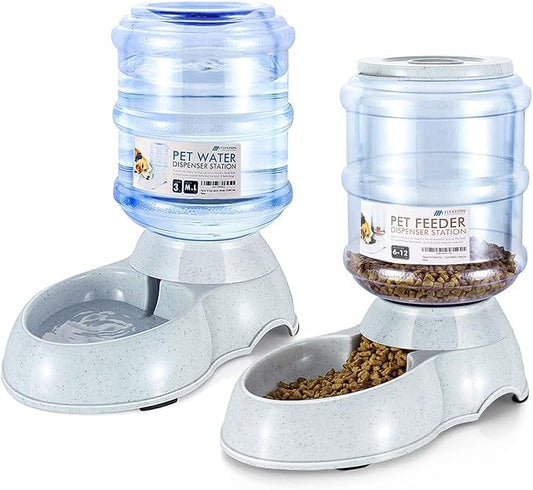 Flexzion Automatic Pet Feeder & Waterer Set of 2 Pack, Self Feeding Replenish Dog Cat Bowls, Gravity Food & Water Storage Container Fountain Jug Pet Supplies Plastic Skid Proof Rubber Feet (3 Gallon)
