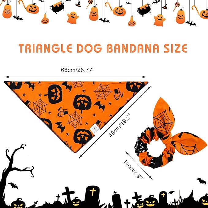 E-Clover Halloween Dog Bandanas & Matching Scrunchie Set Pumpkin Dog Bandana Triangle Pet Bibs Scarf Outfit for Small Medium Large Dogs Owner Orange Fall