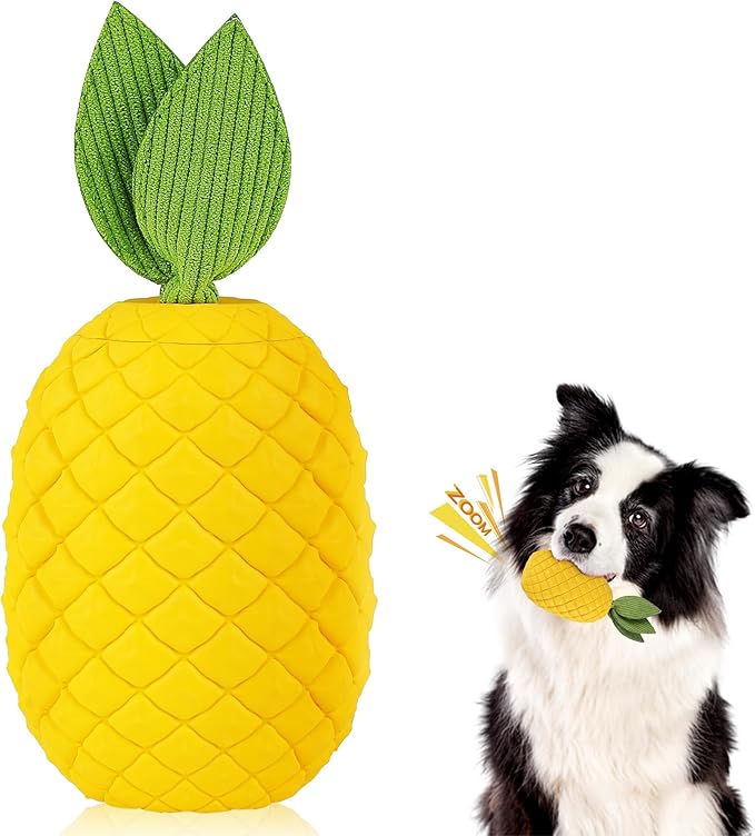 Pineapple Dog Toy, Indestructible Chew Toy with Squeaker, Durable Nature Rubber for Small Breed Dogs, Interactive Play, Teeth Cleaning, Boredom Relief