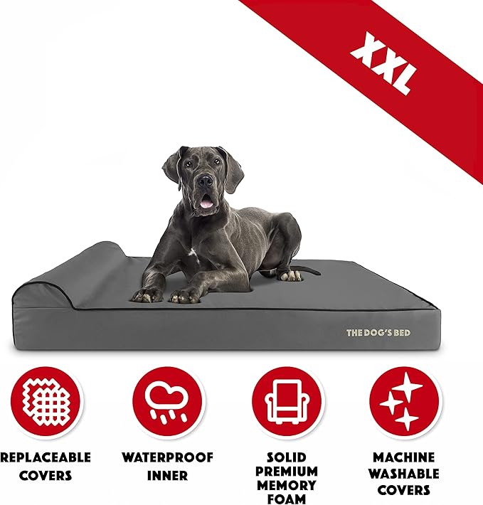 The Dog’s Bed Orthopedic Headrest Dog Bed XXL Grey/Black, Memory Foam, Pain Relief for Arthritis, Hip & Elbow Dysplasia, Post Surgery, Lameness, Waterproof Washable Cover
