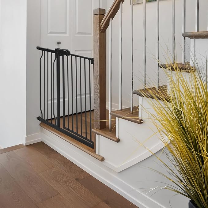 Extra Wide Baby Gate for Stairs Doorways with Door, 30" Tall 57.1-66.5" Wide Easy Install Dog Gate Indoor, Safety Metal Pressure Mounted Pet Gate with Walk-Thru Auto Close for the House, Black