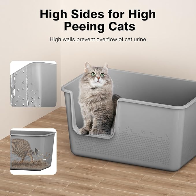 Cat Litter Box with High Sided,24.8" Lx11.4 Wx13.0 H,Extra Large Cat Litter Box for Big Cats,XL Jumbo Kitty Litter Box for Indoor Cats,Tool-Free Assembly (Grey)