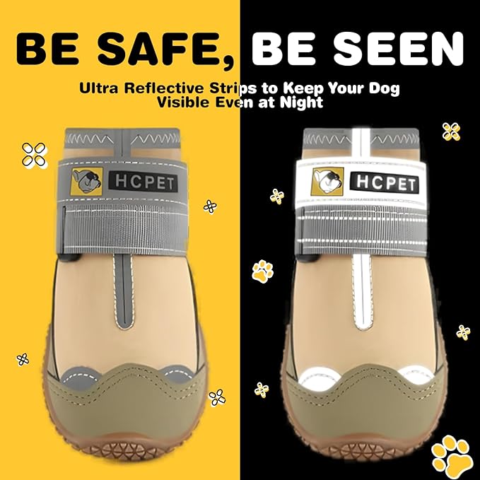 Hcpet Dog Shoes for Large Dogs, Waterproof Dog Booties for Small Medium Dogs, Anti-Slip Dog Boots & Paw Protectors for Hot Pavement Winter Snow Hiking with Reflective Straps Khaki Size 2