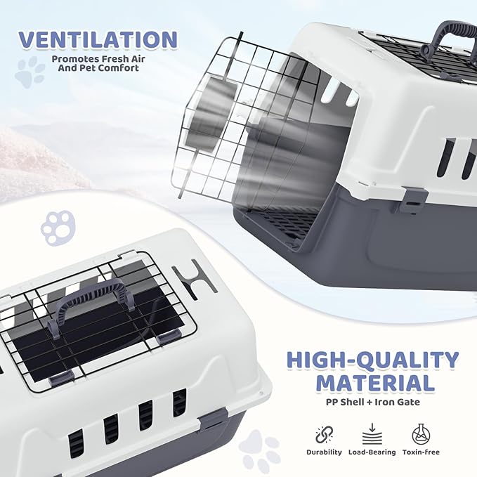 Magshion 18 Inch Pet Carrier for Small Dogs and Cats with Top and Front Door Access, Plastic Dog Kennel for Longer Traveling, Durable Handle, and 4 Sides Ventilation for Pet Up 10 lbs (White+Grey)