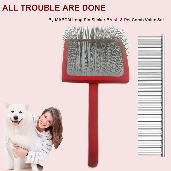Large Ergonomic Slicker Brush for Dogs & Pets - Extra Long Pin Grooming Brush with Solid Wooden Handle for Poodles, Doodles, and Long-Haired Dogs (red)