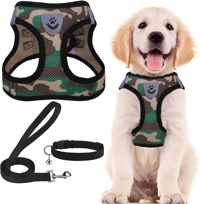 PUPTECK Adjustable Dog Harness Collar and Leash Set Step in No Pull Pet Harness for Small Medium Dogs Puppy and Cats Outdoor Walking Running, Soft Mesh Padded Reflective Vest Harnesses